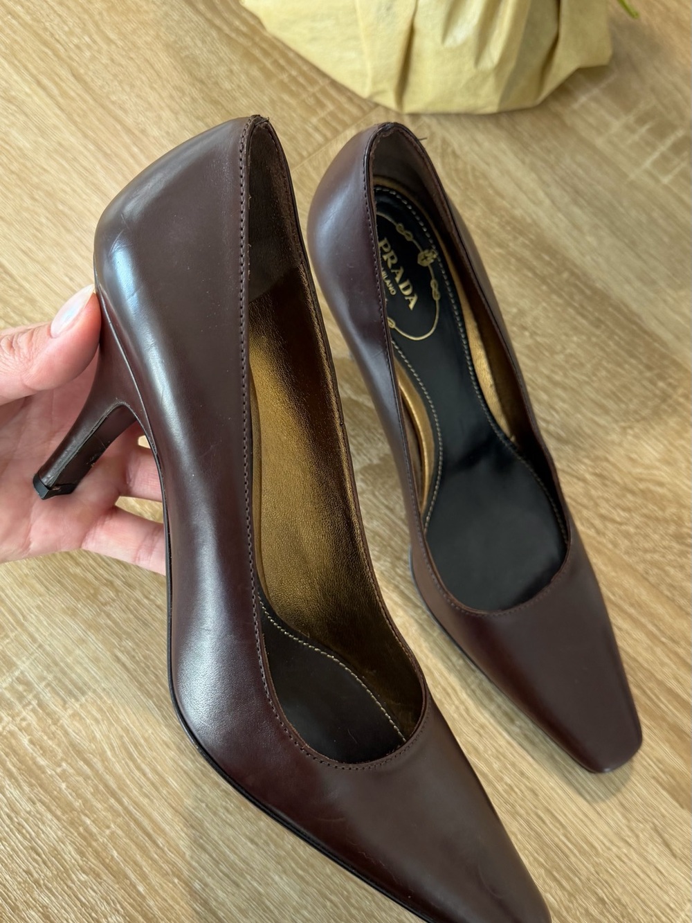 Prada Women's Dark Brown Leather Square-Toe Pumps - Picture 6 of 6